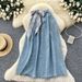 Vintage Denim A-Line Midi Skirt For Women, High Waist Flowy Boho Skirt, Retro Casual Chiffon Scarf Print Style_ecoleips.com