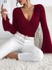 K New Elegant And Fashionable Knitted Thread V-neck Flared Sleeve Design T-shirt For Women's Wear_ecoleips.com