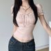 French Girl Style Square Neck T-Shirt for Women Ruffled Bust Section Lace Patchwork Puff Sleeve Tie up 2025 New Fashion_ecoleips.com