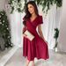 Commuter Solid Color V-Neck Waist Puff Sleeve Big Swing Dress Women's Clothing_ecoleips.com