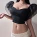 Cross-border Mesh Puff Sleeve Patchwork Chest Pads, Black Off-shoulder Bustier Tank Top With Ruffles_ecoleips.com