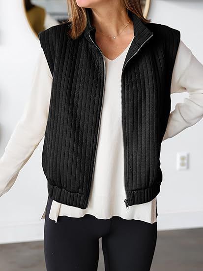 Women’s Quilted Sleeveless Zip Vest Jacket – Streetwear Layering Piece, Lightweight & Stylish, Polo Collar Design_ecoleips.com
