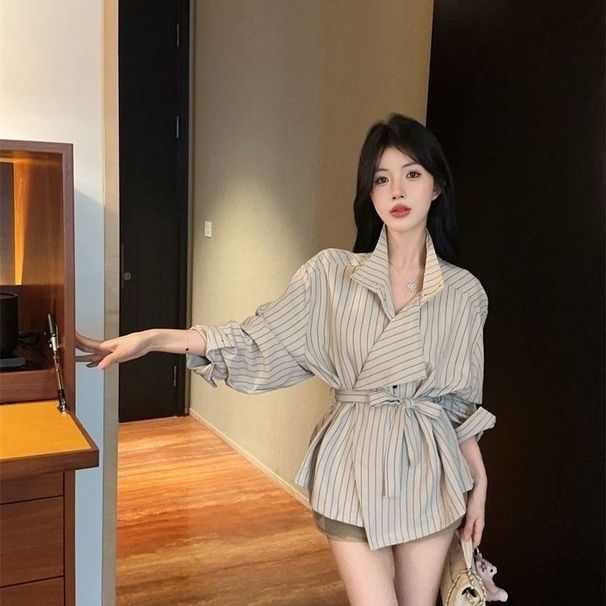 Korean-style Tie-waist Striped Shirt For Women, 2025 Autumn New Fashion Design, Unique And Slimming Long-sleeve Top_ecoleips.com