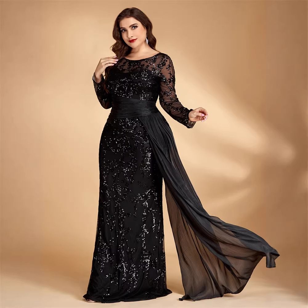 Elegant Sequined Patchwork Fitted round Neck Long Sleeve Cocktail Party Evening Dress for plus Size Women European American Style_ecoleips.com