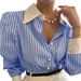 Women's Clothing Striped Patchwork Shirt Loose Casual Lapel Outerwear Shirt_ecoleips.com