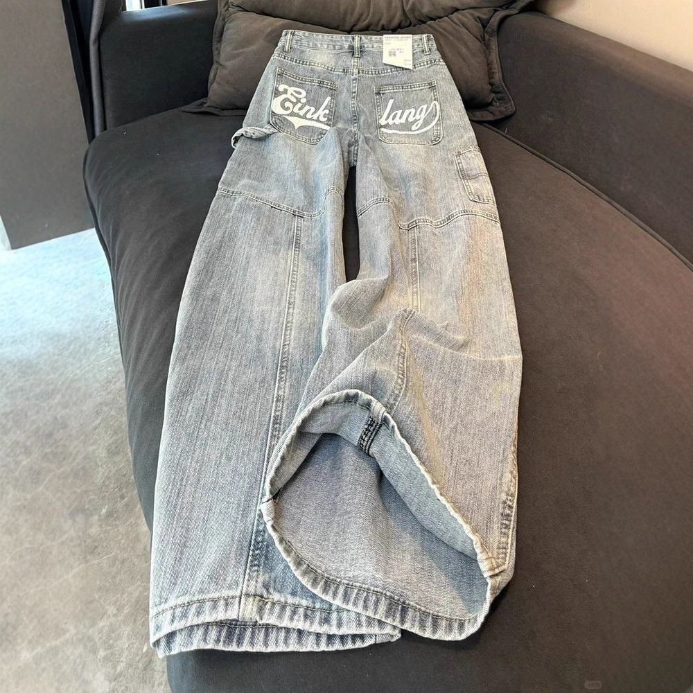 Women's Clothing Plus Size American Style Light Wash Jeans For Women - Loose Wide-Leg Palazzo Pants With Sickle Hem & Letter Print (Blue, S-XXXXL)_ecoleips.com