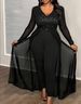 Plus-Size Elegant V-Neck Jumpsuit With Sequin & Mesh Panels – Long-Sleeve One-Piece Romper (0XL-5XL)_ecoleips.com