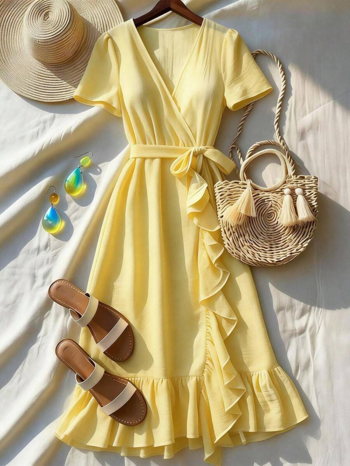 V-neck, Ruffled, Belted, Fitted Waist Dress; Short-sleeved, Vacation-style Dress; Suitable For Vacations, The Beach, Dates, Daily Commutes, And Wedding Guests._ecoleips.com