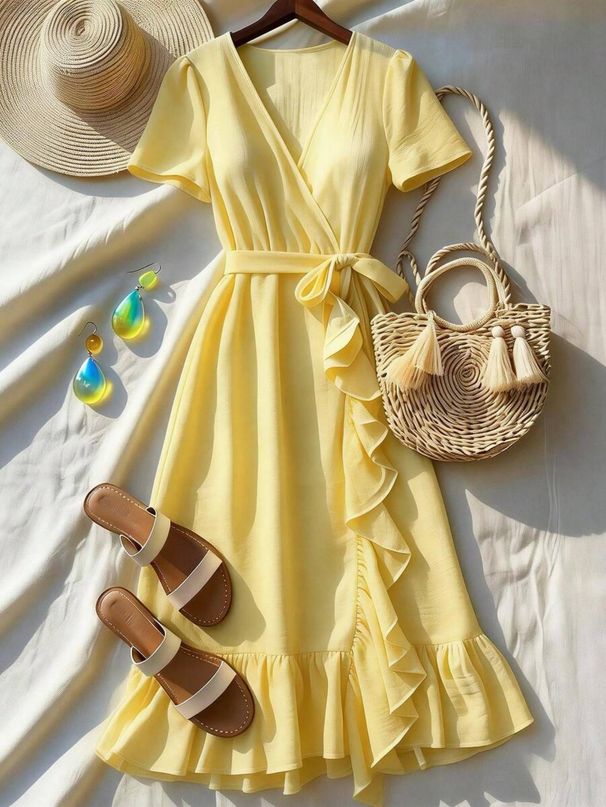 V-neck, Ruffled, Belted, Fitted Waist Dress; Short-sleeved, Vacation-style Dress; Suitable For Vacations, The Beach, Dates, Daily Commutes, And Wedding Guests._ecoleips.com