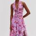 Elegant Floral Print Chiffon Tiered Halter Dress For Women, V-Neck Cake Layered Evening Gown Breathable Chiffon Fabric_ecoleips.com