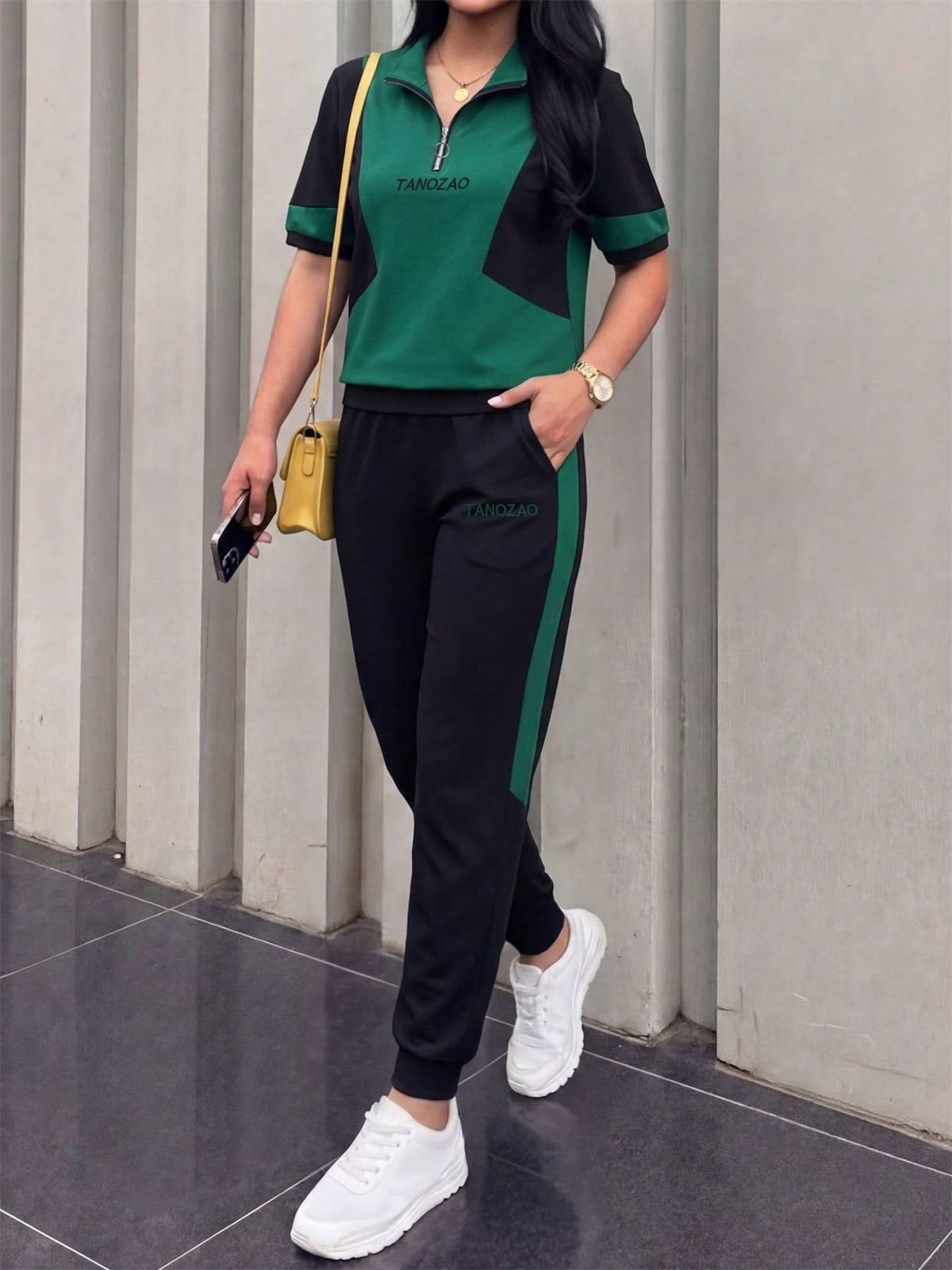 Women's Casual Sportswear Set Spring/Summer Color Blocked Polo Shirt & High Waisted Striped Pants Regular Fit_ecoleips.com