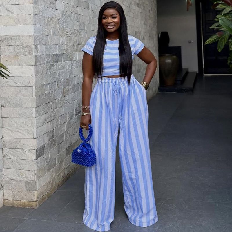 Spring New Women's Casual Striped Set Round Neck Short Top Wide Leg Pants American Style In Stock_ecoleips.com