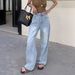 Cross-border American Retro Washed Wide-leg Jeans For Women, With A Unique Design, Loose Fit, High-waisted,_ecoleips.com