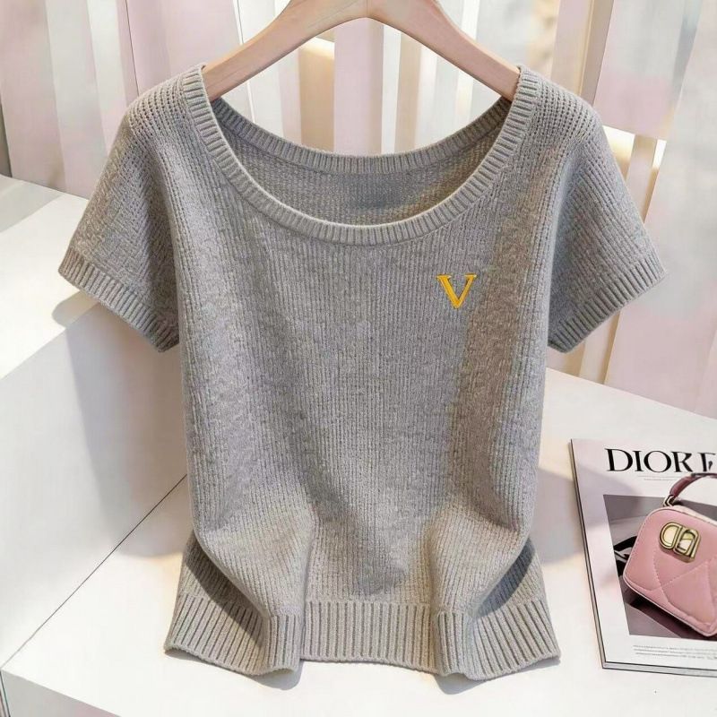 Women's Grey Short Sleeve Knitted T-Shirt Slim Fit Beautiful Top Petite Spring Summer New_ecoleips.com