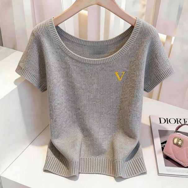 Women's Grey Short Sleeve Knitted T-Shirt Slim Fit Beautiful Top Petite Spring Summer New_ecoleips.com