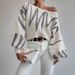 Wave-Pattern Batwing Sweater – Soft & Stylish Knit Top For Women, Geometric Print, Loose Fit, Xs-Xxl (Beige/Coral/Yellow)_ecoleips.com