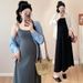 Autumn New Korean Fashion Maternity Dress Two-Piece Set With Strap Blouse_ecoleips.com