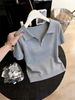 Women's Trendy White Polo Collar Half Zip Knit Top Short Sleeved Slim Fit Summer Design_ecoleips.com