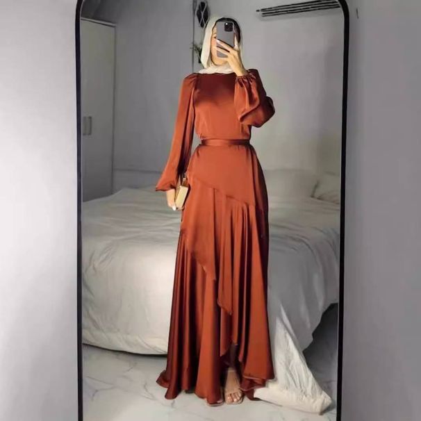 Women's Clothing Muslim Satin Solid Color Ruffled Large Swing Tie Dress_ecoleips.com