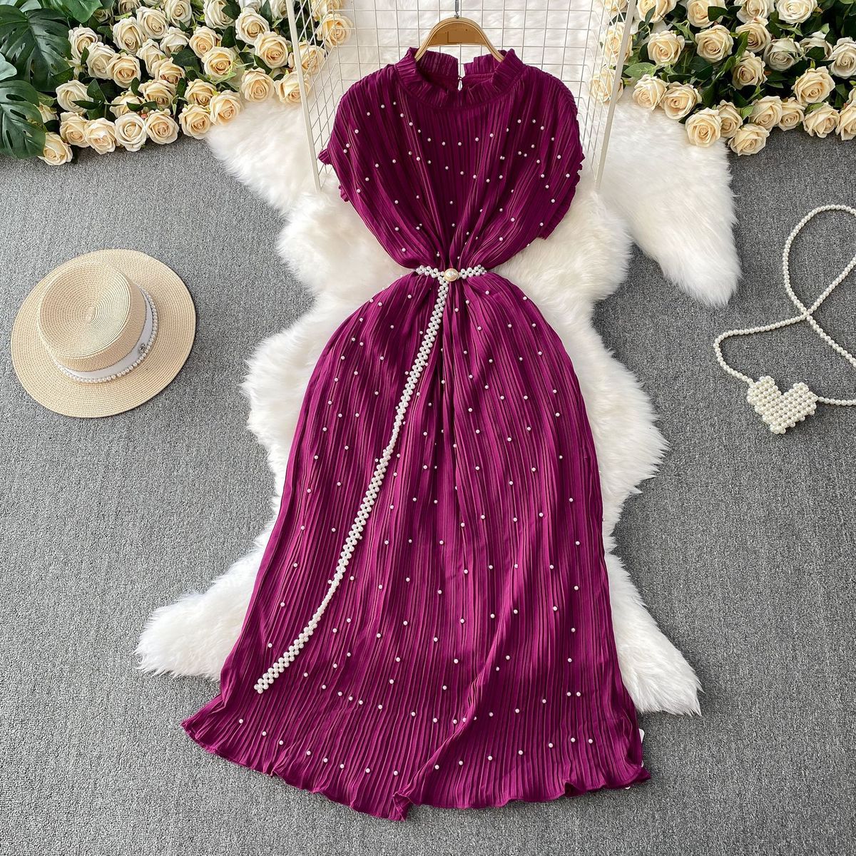 Women's Clothing Temperament Heavy Pearl Wood Ear Round Neck Dress Waist Slim Pleated Long Skirt_ecoleips.com