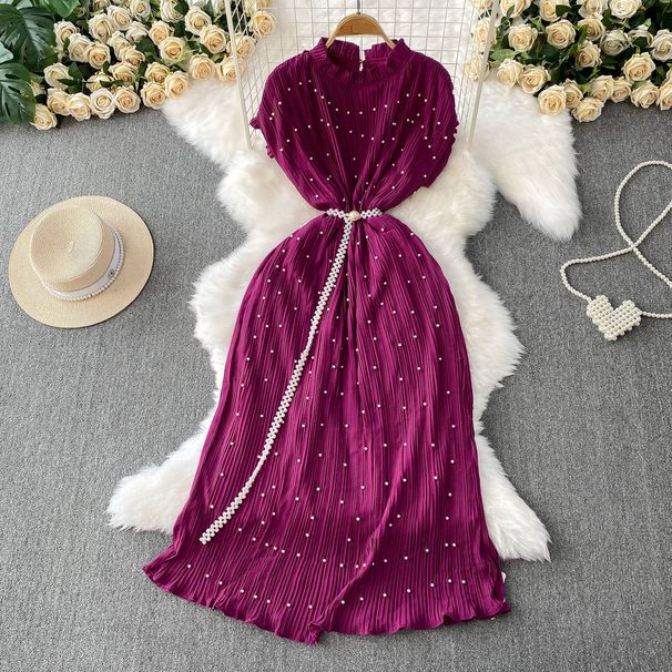 Women's Clothing Temperament Heavy Pearl Wood Ear Round Neck Dress Waist Slim Pleated Long Skirt_ecoleips.com