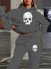 Women's Autumn/Winter Casual Fashion Skull Pattern Printed Thick Fleece Warm Hoodie+Sports Pants Set-709_ecoleips.com