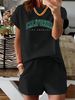 Summer New Letter Pattern T-shirt, Casual Printed Round Neck Short Sleeved Top With Elastic Waist Pocket, Women's Two-piece Set-286_ecoleips.com