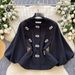 Elegant French Style Women's Top Round Neck Lantern Sleeve Rhinestone Embellished Fitted Waist Versatile Fashion Blouse For Autumn_ecoleips.com