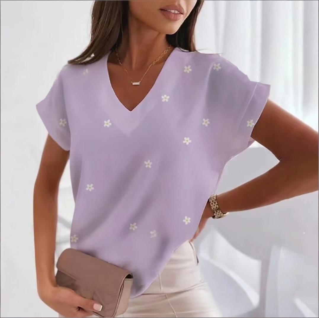 Women's Clothing T-Shirts Loose V Neck T-Shirt Heart Print Short Sleeve Regular Fit Top_ecoleips.com