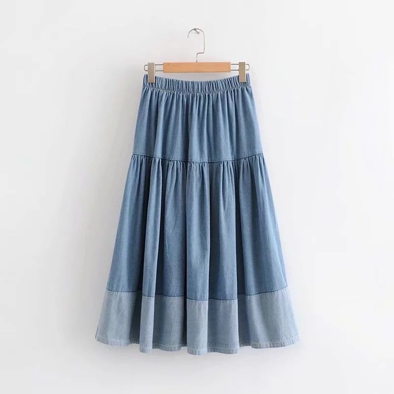 Plus Size Denim Midi Skirt – Stretch Waist & Patchwork Design (S-L, Light & Dark Blue) Breathable Denim_ecoleips.com