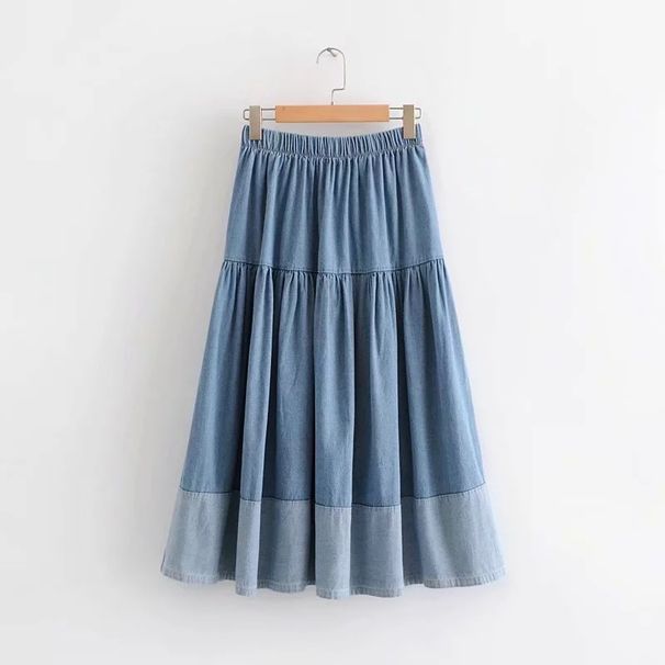 Plus Size Denim Midi Skirt – Stretch Waist & Patchwork Design (S-L, Light & Dark Blue) Breathable Denim_ecoleips.com