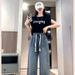 Women's Striped Tie-Waist Crop Top With Wide-Leg Jeans Set, Casual Y2k Outfit For Street Style Breathable Fabric Blend_ecoleips.com