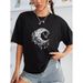 Women's Clothing Women's Casual Black T-Shirt Round Neck Short Sleeve Moon Print Simple Sports Top Style Loose Fit_ecoleips.com