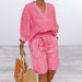 Women's Relaxed Fit Cotton-Linen 2-Piece Set Short Sleeve Top And Shorts Casual Lounge Wear in Versatile Solid Colors_ecoleips.com