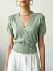 Women Lightweight Breathable Wrap V Neck Knit Top Short Sleeve Gold Button Slim Cropped Knit Blouse_ecoleips.com