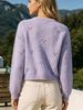 Lavender Hollow Eyelet Pit Rib Knit Cardigan, Loose Lightweight Breathable Soft Skin-touch Long Sleeve Button Knit Jacket_ecoleips.com