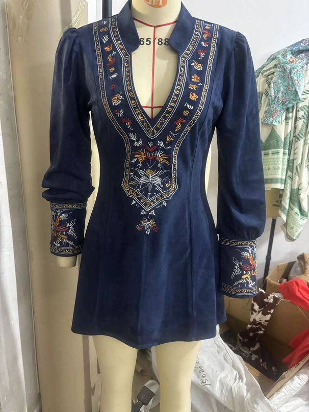 Women's Long Sleeved V-Neck Dress Sexy Embroidered American Style Casual Elegant Fashion Summer Dress For Ladies_ecoleips.com