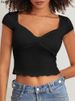 Fairyshely 2025 Summer Solid Short Sleeve T-shirt Sexy Women V Neck Bodycon Crop Top Lady Black Ruffle Club Party Short Tops_ecoleips.com