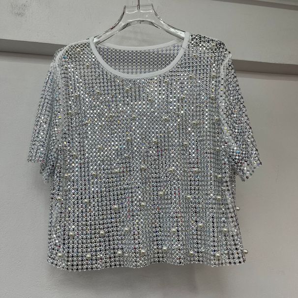 Glittering Star Embellished T-Shirt – Chic Short-Sleeve Top With Embroidered Rhinestones Day-To-Night Versatility_ecoleips.com