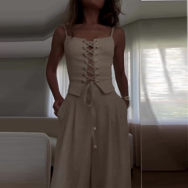 Women's Clothing pure desire sexy hollow strap top casual wide leg pants suit_ecoleips.com