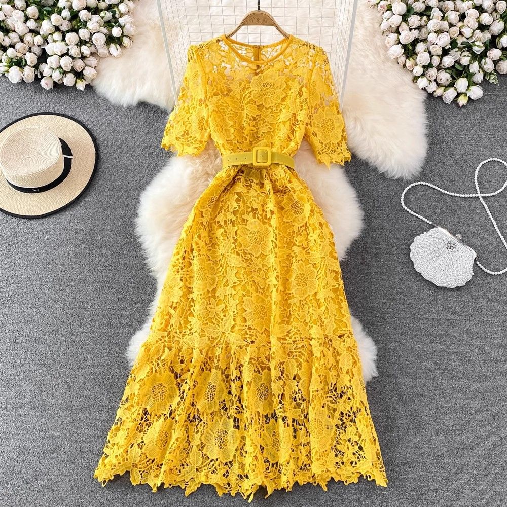 Women's Summer Elegant Crochet Lace Dress Round Neck Beach Vacation Stylish Cross Border Fashion 2023_ecoleips.com