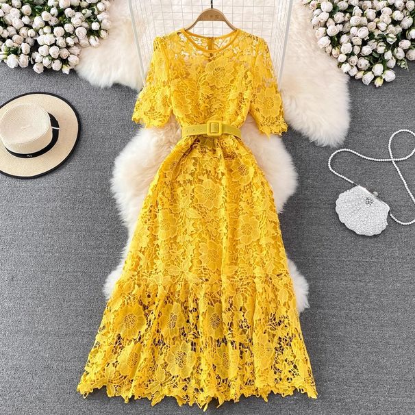 Women's Summer Elegant Crochet Lace Dress Round Neck Beach Vacation Stylish Cross Border Fashion 2023_ecoleips.com