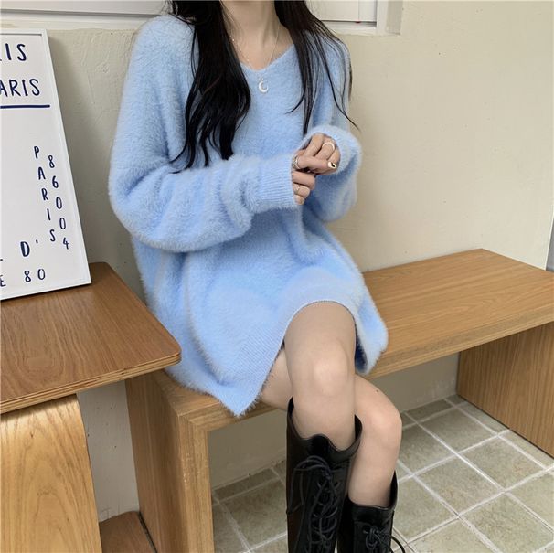 Women's V-Neck Pullover Sweater Imitation Mink Soft Waxy Loose Slim Fit Mid-Length For Autumn Winter_ecoleips.com
