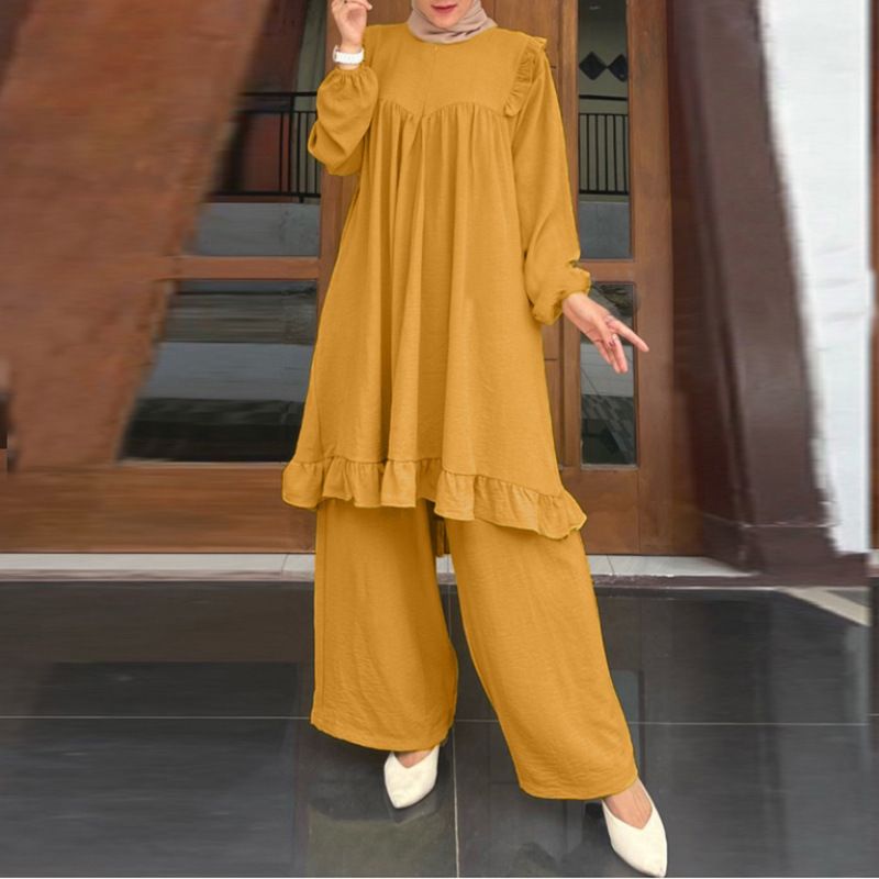 Verve Muslim Commuter Daily Casual Ruffle Solid Color Patchwork Elegant Home Fashion Suit Pants For Women_ecoleips.com
