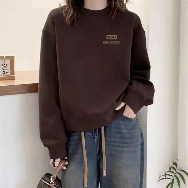 European-style Round-neck Fleece-lined Thickened Coffee-colored Sweatshirt For Women, New Autumn And Winter Model, Loose_ecoleips.com