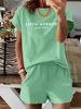 Summer New Pink Letter Pattern T-Shirt, Casual Print Round Neck Short Sleeve Top With Elastic Waist Pocket Women's Two-Piece Set-291_ecoleips.com