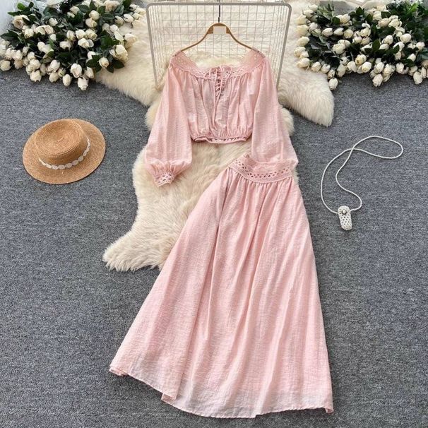 French-Inspired Lace Trim Two-Piece Set – Off-Shoulder Top & High-Waist Skirt (One Size, Cottagecore & Office Chic)_ecoleips.com