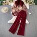 Elegant Three Piece Set With Turtleneck Sweater Printed Knitted Shawl Cardigan And High Waisted Slimming Trousers For Women_ecoleips.com