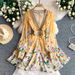 Retro Court Style Women's Dress Sexy Deep V Neck Long Sleeve Summer Floral Print Elegant Fairy Romantic_ecoleips.com