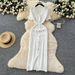 Women's Chic V-Neck Short Sleeve Knit Dress Elegant A-Line Summer Dress with Raw Hem Button Front Waist Defining_ecoleips.com